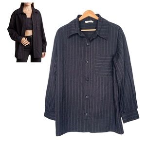 AVEC LES FILLES Button Up Shirt Top In Purple and Navy Pinstripe Medium